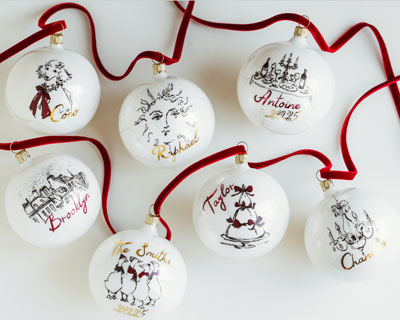 Personalized Whimsical Christmas Baubles: Line Art Design, Watercolor Illustration
